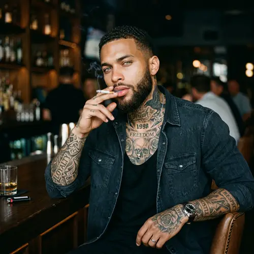 Mysterious Afro-American Man with Tattoos and Charisma