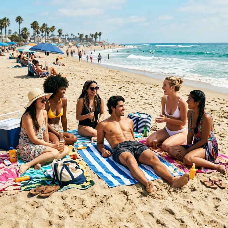 Beach Scene: Physically Fit Man with Six-Pack Abs and Diverse Women Beach Scene: Physically Fit Man with Six-Pack Abs and Diverse Women