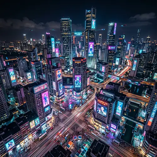 Futuristic Cityscape with Vibrant Neon Lights at Night
