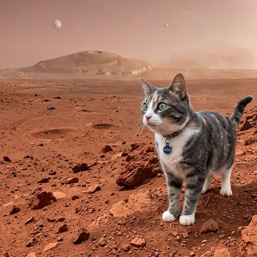 Adventurous Feline on Mars Terrain - Multicolored Cat Exploring Alien Landscape