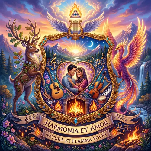 Nature-Inspired Family Crest with Music & Fire Elements