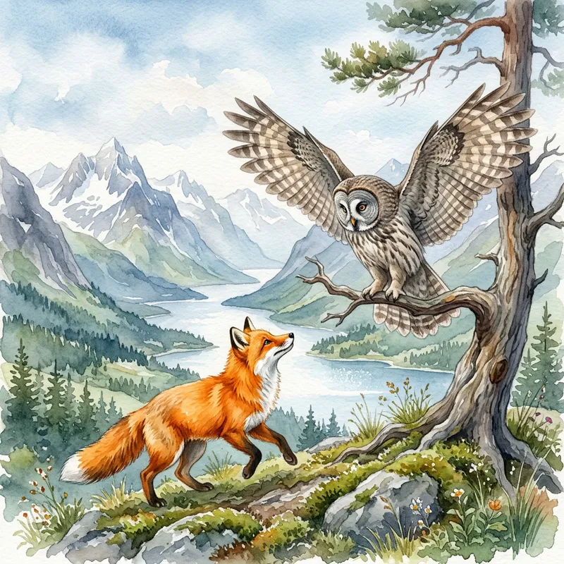 Scandinavian Mountain Range Watercolor with Fox and Owl Scandinavian Mountain Range Watercolor with Fox and Owl