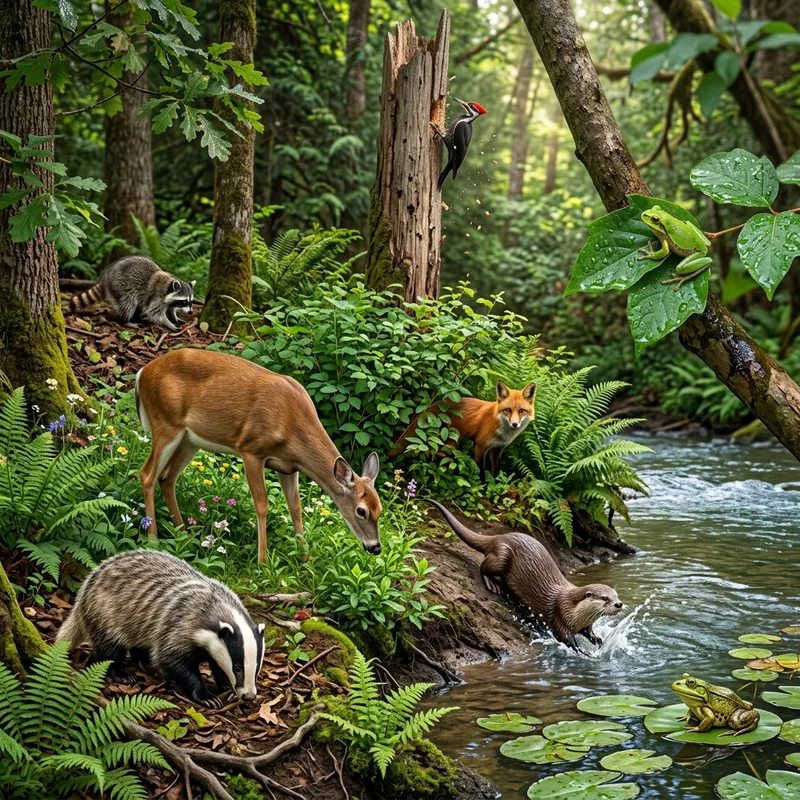 Enchanting Forest Scene with Diverse Wildlife