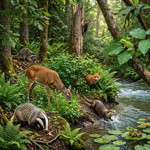 Diverse Wildlife in Lush Forest Setting