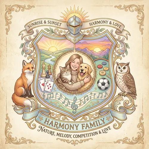 Nature-inspired Family Crest: Sunrise, Sunset, Snuggling, Games & Music