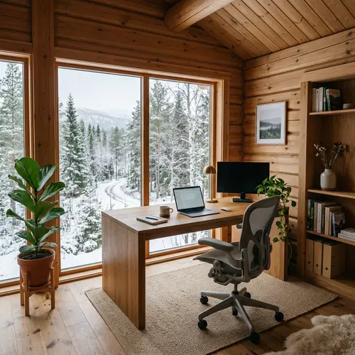 Sleek Wooden Furniture in Scandinavian Cabin Office