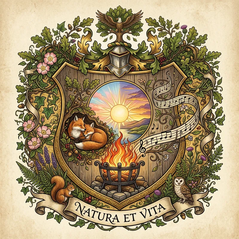Nature Inspired Family Crest: Sunrise, Sunset, Snuggling, Music & Fire Nature Inspired Family Crest: Sunrise, Sunset, Snuggling, Music & Fire