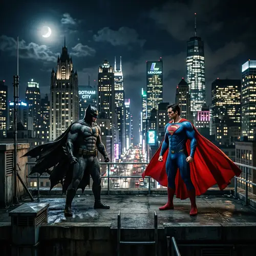 Batman vs Superman Showdown in Urban Night Scene