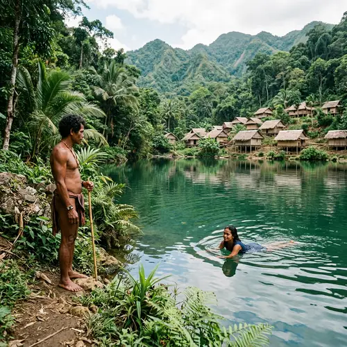 Authentic Encounter: Indigenous Man Watching Native Lady Swim in Philippine Village