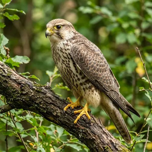 Detailed View of Saker Falcon Perched on Branch