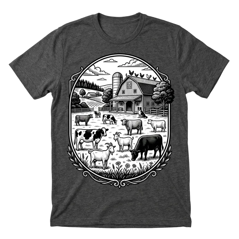 Peaceful Farm Landscape Black & White T-Shirt Design
