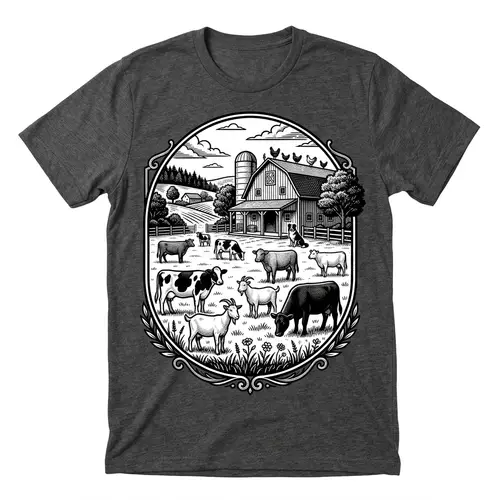 Peaceful Farm Landscape Black & White T-Shirt Design