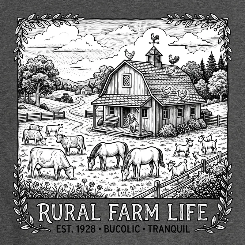 Charming Black and White Farm T-Shirt Design