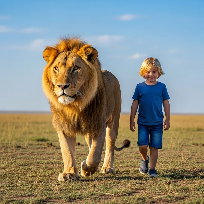 Blonde Boy Walking with Lion: A Unique Adventure