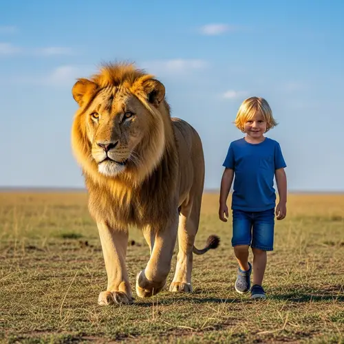 Blonde Boy Walking with Lion: A Unique Adventure