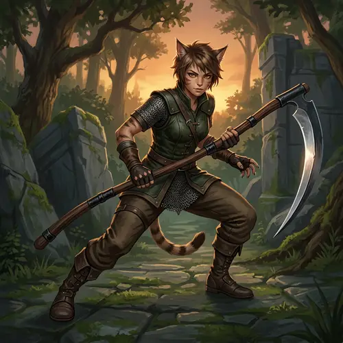 Feline-Themed Female Character with Cat-Like Paws and Scythe