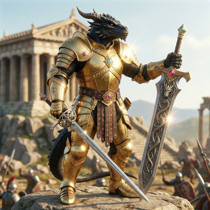 Dragonborn Paladin in Ebony Armor with Dual Swords