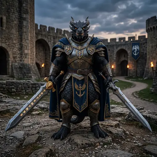 Dragonborn Paladin with Black Skin | Two Swords | Noble Warrior