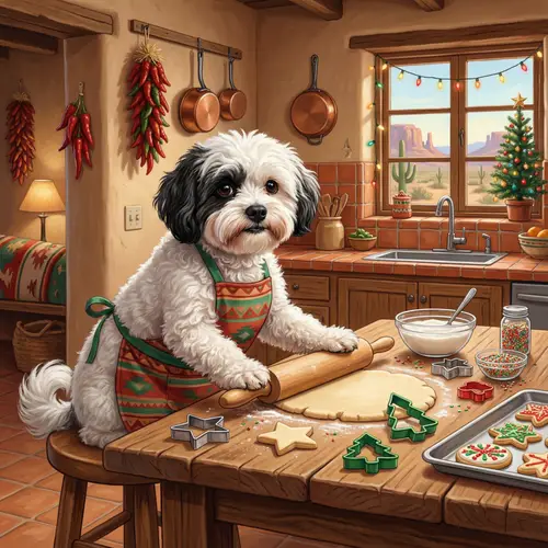 Dog Baking Christmas Cookies in Southwest Kitchen