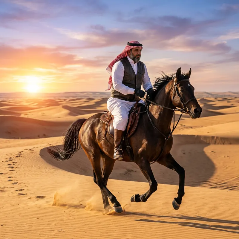 Arab Cowboy on Horse in Desert Landscape
