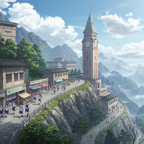 Scenic School by Mountains and Clouds