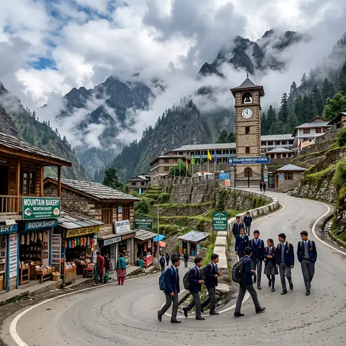 Scenic School by Mountains and Clouds