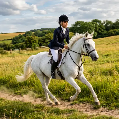 Girl on a Galloping White Horse in Riding Uniform