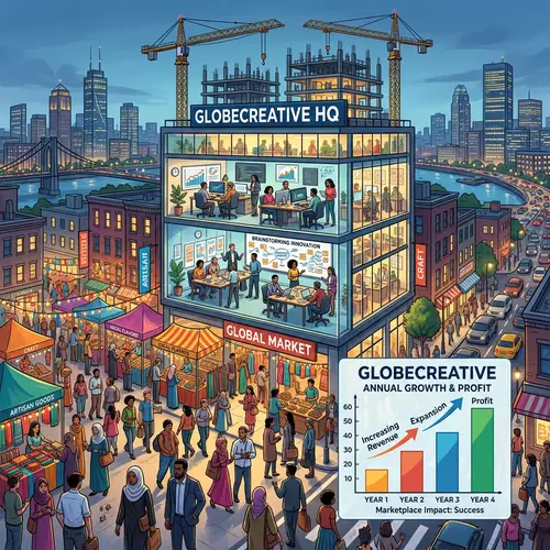 Diverse Company Building in Bustling Cityscape with Marketplace Impact