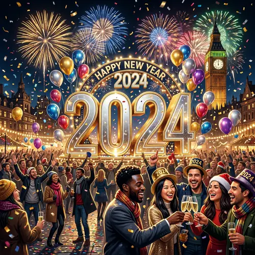 Festive New Year 2024 Celebration Scene | Fireworks, Champagne, Balloons
