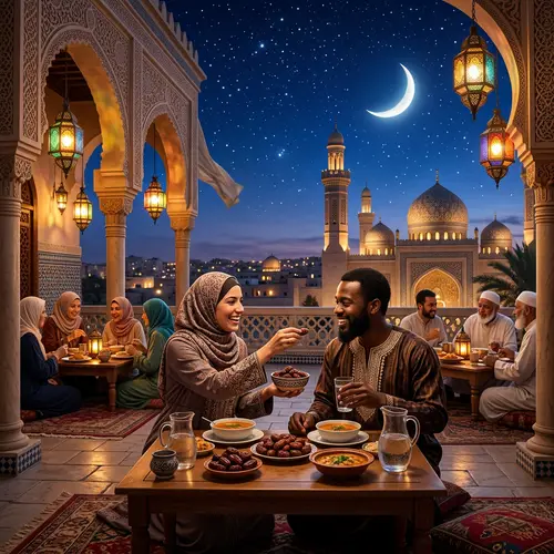 Ramadan Mubarak Scene with Crescent Moon and Lanterns