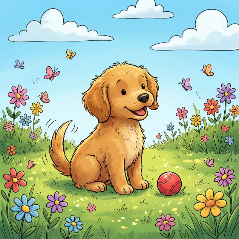 Adorable Cartoon Puppy in a Sunny Field