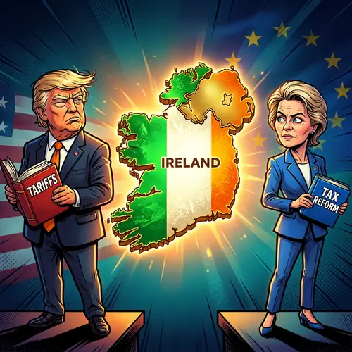Vibrant Cartoon of Ireland with Trump & von der Leyen