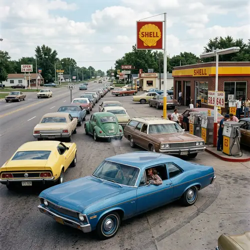 1970s Fuel Filling Station Queue History