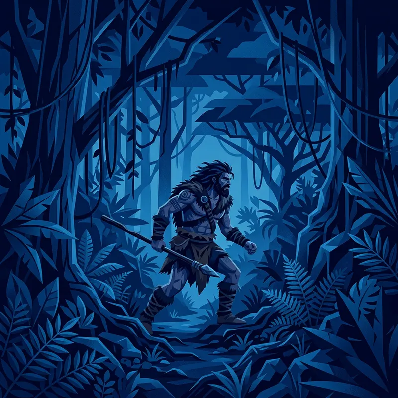 Ancient Jungle in Dark Blue Tones with Primitive Man - Vector Art