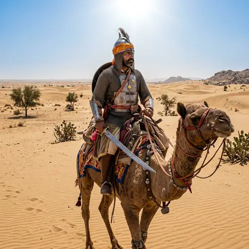 Indian Rajput Warrior in Traditional Armour on Camel