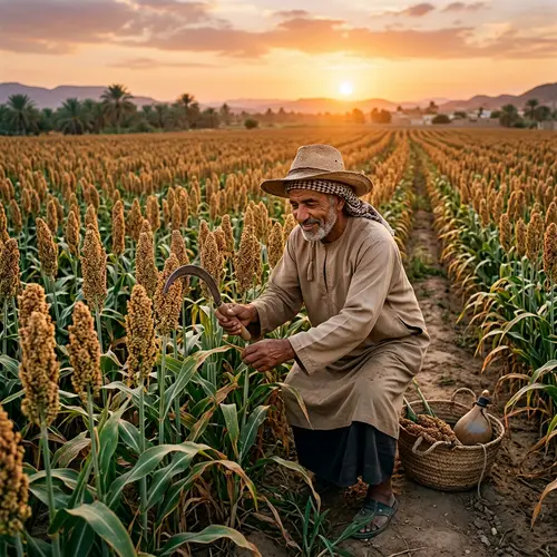 Middle-Eastern Farmer Tending Sorghum in Vast Field