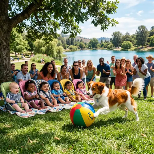Joyful Kooikerhondje Plays with Diverse Babies by the Lake