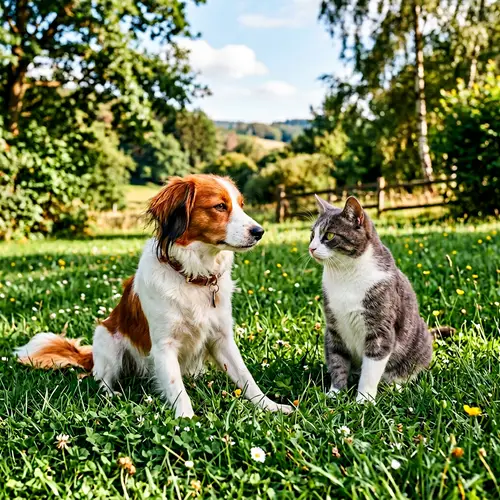 Friendly Interaction Between Kooikerhondje Dog and Cat
