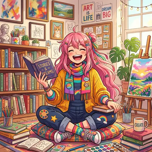 Happy Anime Character with Pink Hair | Books & Arts Lover