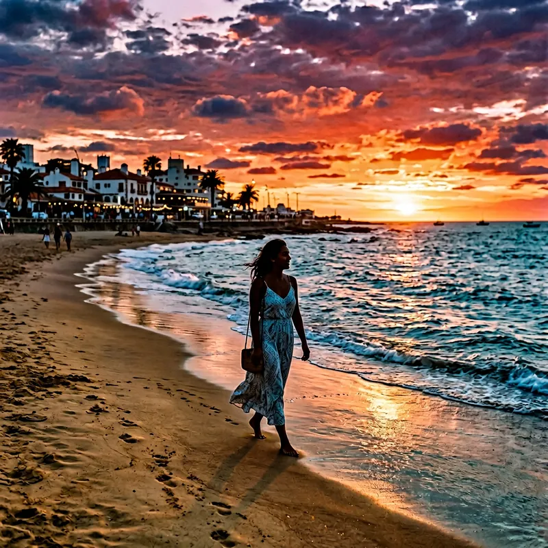Hispanic Woman Enjoying Sunset Stroll in Punta del Este