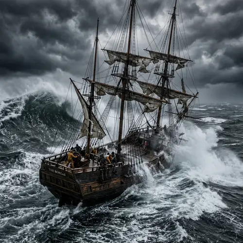 Dramatic Wooden Sailing Ship Battling Stormy Seas