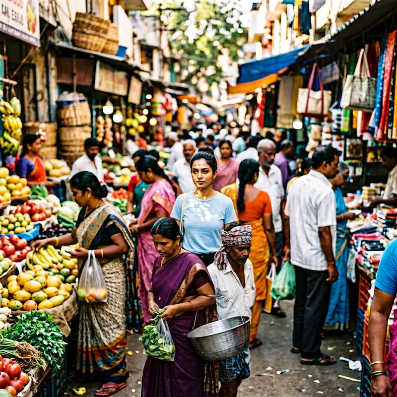 South Asian Woman in Marketplace | Black Jeans, Blue T-shirt