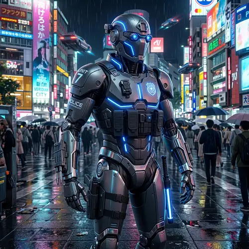 Futuristic Robotic Law Enforcement Officer in Neon City Lights