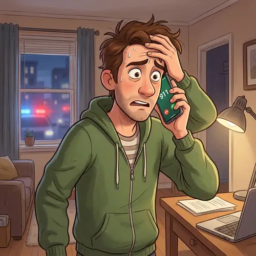Stressed Person Calling 911 - Cartoon Illustration