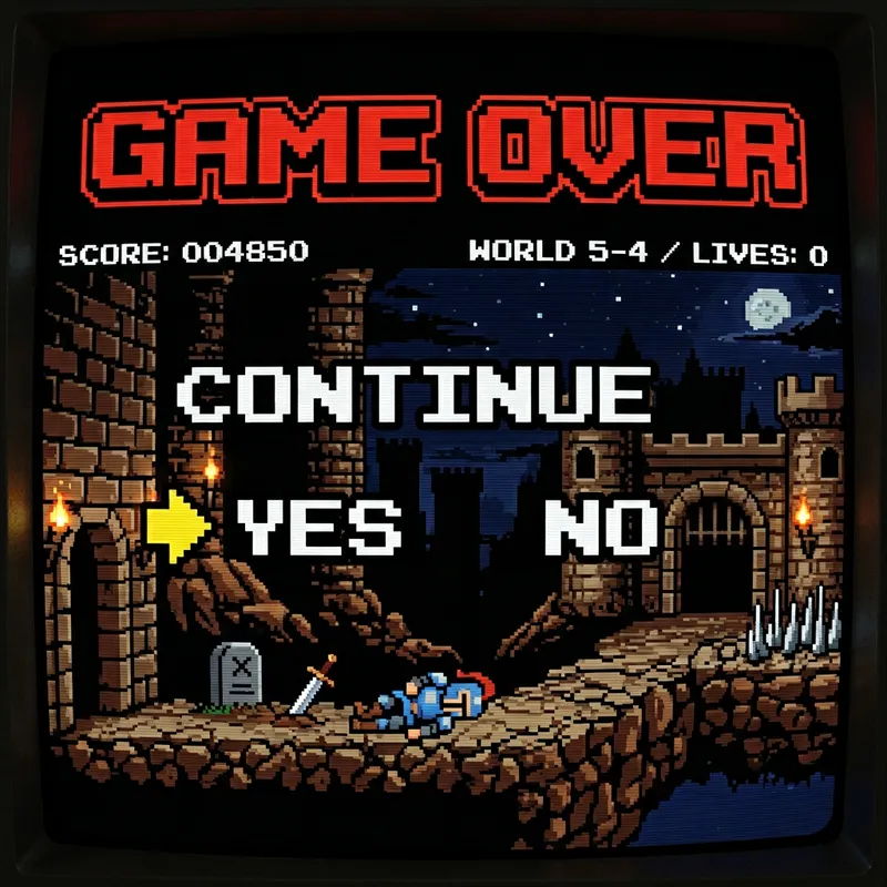 Retro Game Over Screen with Choices: Continue, Yes, No