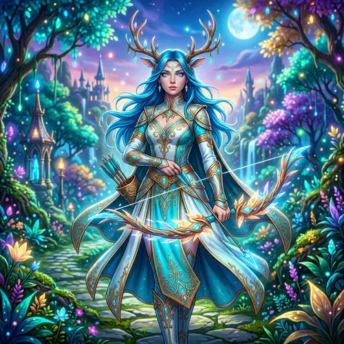 Fantastical Female Character with Striking Blue Hair and Antlers