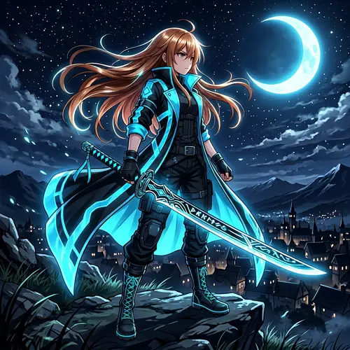 Anime Girl with Bronze Hair in Luminous Cyan Coat & Katana