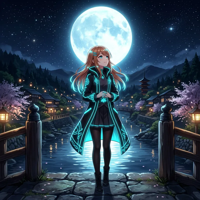 Tranquil Anime Girl in Black and Cyan Long Jacket-Coat | Moonlit Scene
