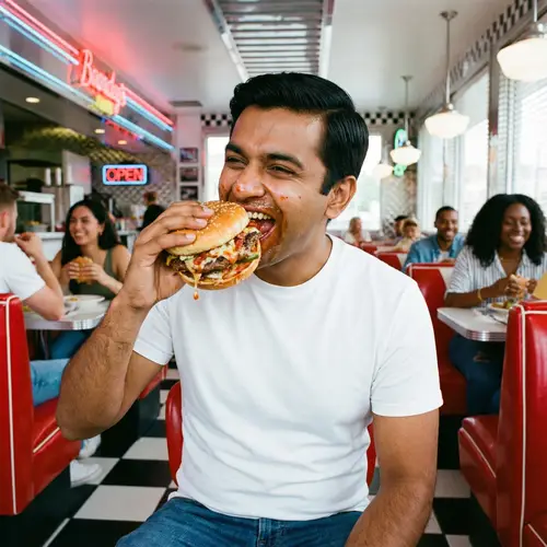 Joyful Man with Hamburger in Retro Diner