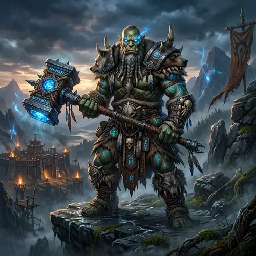 Mystical Orc Shaman with Grand Warhammer in Fantasy Landscape